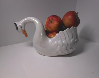 Swan centerpiece in iridescent white porcelain, vintage swan-shaped bowl or planter