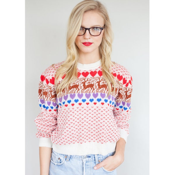 Rare 1970's Multi-Colored Heart and Reindeer Sweater -SZ- XS, S