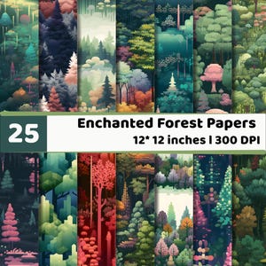 Può includere: Una collezione di 25 carte digitali con paesaggi forestali e alberi vari in tonalità di verde, rosa, blu e arancione. Il testo recita 25 Enchanted Forest Papers 12* 12 inches | 300 DPI. Ogni pannello mostra una scena boschiva unica.