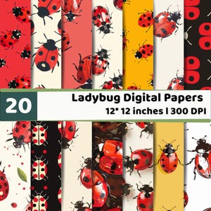 Peut inclure: Une collection de 20 papiers numériques avec des motifs de coccinelles en rouge, noir, jaune et crème. Le texte indique 20 Ladybug Digital Papers 12*12 inches | 300 DPI. Les designs incluent diverses illustrations de coccinelles et pois.