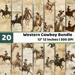Può includere: Una collezione di carta digitale intitolata Western Cowboy Bundle con 20 design di 30,48 per 30,48 cm a 300 DPI. Ogni pannello mostra illustrazioni color seppia di cowboy a cavallo, che usano lazo e galoppano su sfondi strutturati.