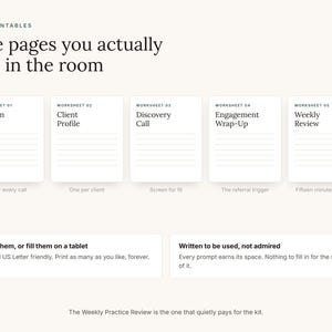 Peut inclure: Un ensemble de cinq fiches imprimables intitul&eacute;es Session Note, Client Profile, Discovery Call, Engagement Wrap-Up et Weekly Review. La mise en page comprend des titres, des sections lign&eacute;es et des instructions pour imprimer ou utiliser sur tablette.