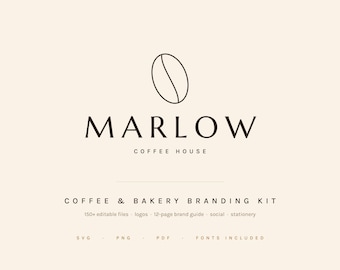 コーヒー・ベーカリー向けブランディングキット、編集可能なロゴ、メニュー、スタンプカード（SVG、PDF形式）