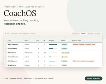 Coaching Client Tracker Spreadsheet, Google Sheets Coach CRM, Session Notes, Renewal Planner, Excel
