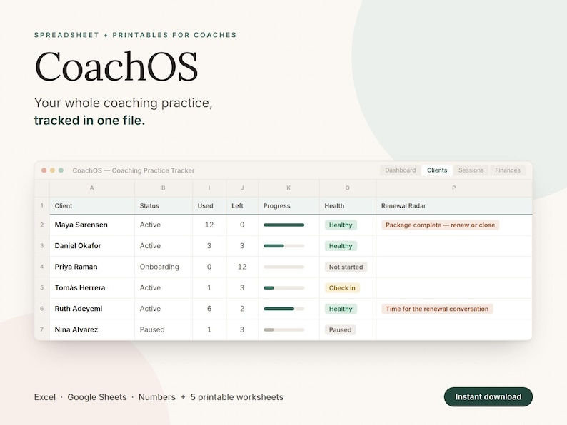 Peut inclure: Un mod&egrave;le de feuille de calcul num&eacute;rique intitul&eacute; CoachOS pour le suivi des pratiques de coaching. L'interface affiche les noms des clients, le statut, le nombre de sessions, des barres de progression et des indicateurs de sant&eacute;.