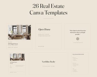 Modèles Canva pour l'immobilier, kit marketing pour agents immobiliers, présentation de biens, flyer pour journées portes ouvertes, Instagram