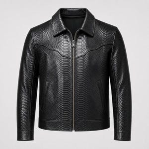 Men's Black Snake Embossed Leather Jacket, Python Print Cowhide Coat, Luxury Biker Style
