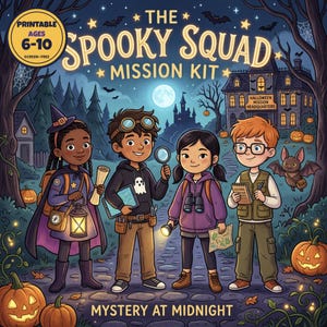 Puede incluir: Un kit de actividades imprimible titulado The Spooky Squad Mission Kit Mystery at Midnight con cuatro niños en un bosque nocturno con calabazas, una casa encantada y un murciélago. El texto incluye Printable Ages 6-10 Screen-Free.