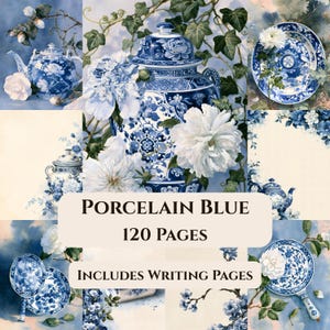 Porzellanblaue, ausdruckbare Junk-Journal-Seiten, illustriertes Porzellan mit Blumenmuster und digitales Schreibset