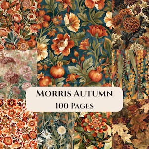 Könnte beinhalten: Ein 100-seitiges Notizbuch mit einer Collage aus botanischen Illustrationen mit herbstlichen Blumen, Granatäpfeln und Laub in Orange-, Rot- und Brauntönen auf dunklem Hintergrund. Das mittlere Etikett zeigt den Text MORRIS AUTUMN 100 PAGES.
