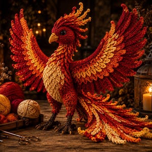 May include: A crocheted phoenix figurine featuring vibrant red, orange, and yellow yarn. The bird has large, spread wings, a detailed crest, and a long, flowing tail. It stands on dark brown legs with sharp claws, showcasing intricate stitch work.
