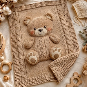 Può includere: Una coperta rettangolare in maglia beige con un'applicazione centrale tridimensionale a forma di orsetto. La coperta presenta un bordo a trecce testurizzato e un bordo a legaccio. L'orsetto ha il muso, le orecchie e le zampe color crema.