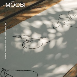 Pu&ograve; includere: Un runner da tavola in tessuto bianco con ricami neri che raffigurano disegni al tratto di vari frutti, tra cui pere e limoni. Il testo MŌOBI e FOR DESIGN LOVERS, WHO WANT SOMETHING DIFFERENT &egrave; stampato nell'angolo in alto a sinistra.