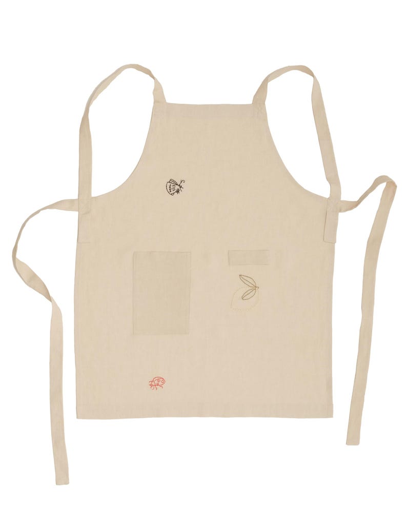 May include: A beige apron featuring two front pockets and thin fabric ties. The apron is decorated with small, delicate embroidered line art designs, including a black butterfly, a red beetle, and a simple golden leaf motif on the front panel.