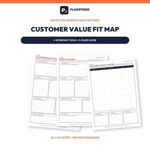 May include: A digital document set titled Customer Value Fit Map by Planstride, featuring 4 working tools and a 5-page guide. The pages include a Customer Reality Map, Offer Value Map, and Customer-Offer Fit Matrix in A4 and US Letter formats.