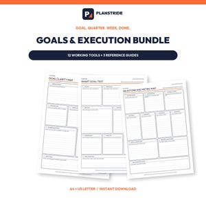 May include: The Planstride Goals & Execution Bundle features 12 working tools and 3 reference guides. Three white planning sheets are displayed, titled Goal Clarity Map, Smart Goal Test, and Milestone and Metric Map, with A4 and US Letter sizing.