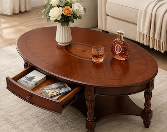 Coffee Table with Storage Drawer –Oval Victorian Solid Wood Living Room Centerpiece