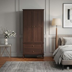 May include: A tall, dark brown wooden wardrobe featuring two vertical cabinet doors with small round knobs, positioned above two horizontal storage drawers with matching round hardware, all supported by four short, tapered wooden legs.