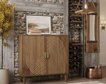 Walnut Sideboard Cabinet, Modern Buffet Storage Cabinet with Fluted Line Groove Doors,