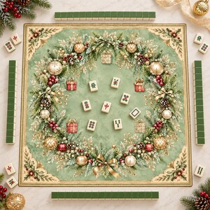 May include: A square mahjong mat featuring a festive green wreath design with gold ornaments, red berries, pine branches, and gift boxes. Several mahjong tiles are scattered in the center, with additional green tiles arranged in rows around the mat.
