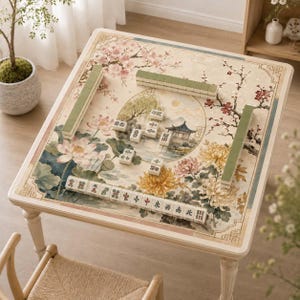 May include: A square game table featuring a printed surface with floral motifs including lotus and chrysanthemum flowers, and a central landscape illustration. The table is set with rectangular mahjong tiles arranged in rows and scattered in the centre.