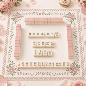 May include: A Mahjong set featuring cream-coloured tiles with pink backs, displayed on a square mat decorated with a floral border. The tiles are arranged in rows and columns, showcasing various Chinese characters, symbols, and floral illustrations.