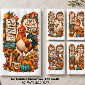 May include: Five white waffle-textured kitchen towels featuring autumn-themed illustrations. Designs include a rooster, lamb, fox, donkey, and owl surrounded by pumpkins, sunflowers, and fall leaves, with inspirational text like Rise and Shine.