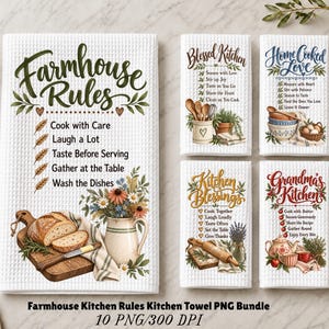 May include: A set of five white waffle-textured kitchen towels featuring printed designs with phrases like Farmhouse Rules, Blessed Kitchen, Home Cooked Love, Kitchen Blessings, and Grandma's Kitchen, accompanied by illustrations of bread, flowers, and utensils.