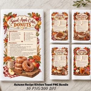 May include: A set of five white waffle-textured kitchen towels featuring autumn-themed recipes for Spiced Apple Cider Donuts, Harvest Pecan Pie, Maple Cinnamon Granola, Pumpkin Spice Latte, and Cinnamon Apple Cider, decorated with fall foliage and fruit.