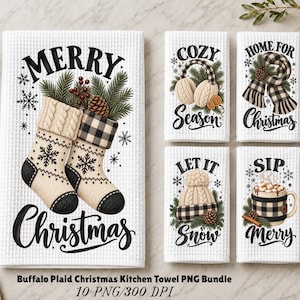 May include: Five white waffle-textured kitchen towels featuring black buffalo plaid and winter-themed illustrations. Designs include Christmas stockings, earmuffs, a scarf, a knit hat, and a mug with the text Merry Christmas, Cozy Season, Home for Christmas, Let it Snow, and Sip Merry.