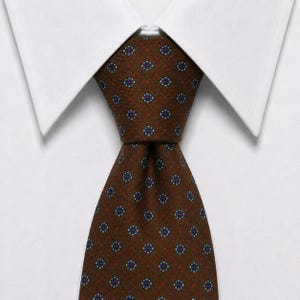 May include: A brown necktie featuring a repeating pattern of small, intricate floral-like motifs in blue, white, and red. The tie is knotted and positioned against a crisp, white collared shirt, showcasing a textured fabric weave throughout the design.