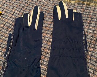 Nice blue and white nylon 3finger cut out gloves size medium to large,  good condition