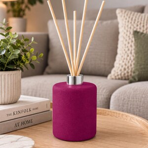 May include: A cylindrical magenta reed diffuser with a matte, textured finish and a silver-toned metal collar. Five light-coloured wooden reeds are inserted into the top of the vessel, extending upwards in a fan-like arrangement.