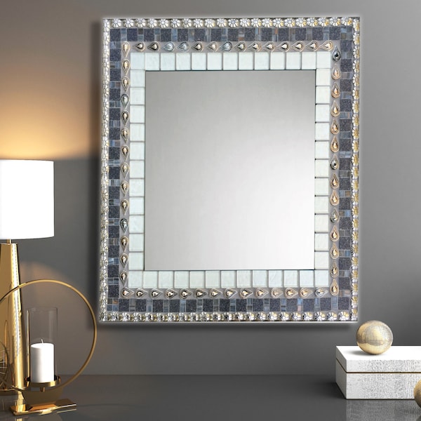 Espejo de entrada con mosaico: Arte de pared geométrico gris plateado