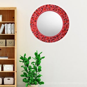 Red Mosaic Mirror, Round Mirror, Wall Mirror, Red Home Decor