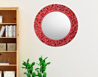 Red Mosaic Mirror, Round Mirror, Wall Mirror, Red Home Decor