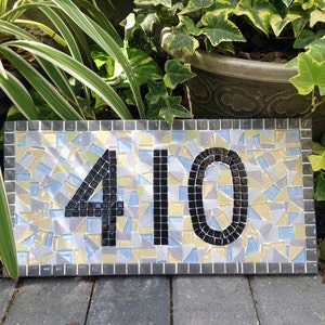 Outdoor House Numbers, Mosaic Address Sign in Gray, Yellow, Blue, White image 1
