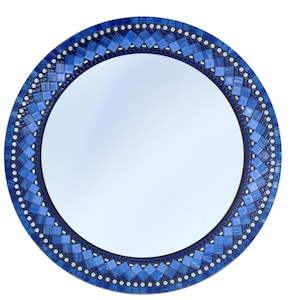 Blue Mosaic Mirror, Round Wall Mirror, Large Mirror in Blue, Navy, Black, Silver