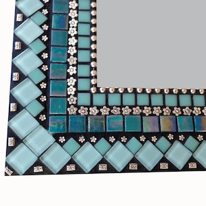 Mixed Media Mosaic Mirror in Turquoise and Silver, Large Mirror, Decorative Mirror, Bathroom Mirror, Wall Mirror, Teal Mirror