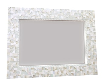 All White Wall Mirror, Large Mosaic Mirror, Neutral White Home Decor