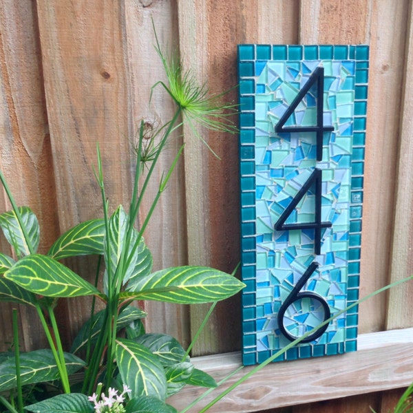 Mosaic House Number Sign, Teal Aqua Blue, Beach House Address Plaque