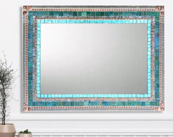 Large Wall Mirror, Mosaic Mirror, Aqua Gray Copper, Bathroom Decor, Mirror For Vanity