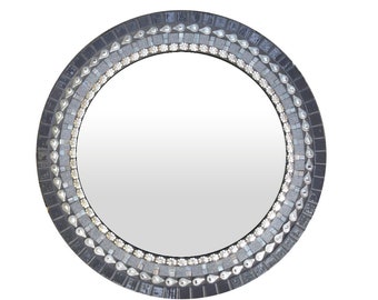 Round Mosaic Mirror in Gray, Silver, Black // Modern Wall Decor // Mixed Media Mosaic