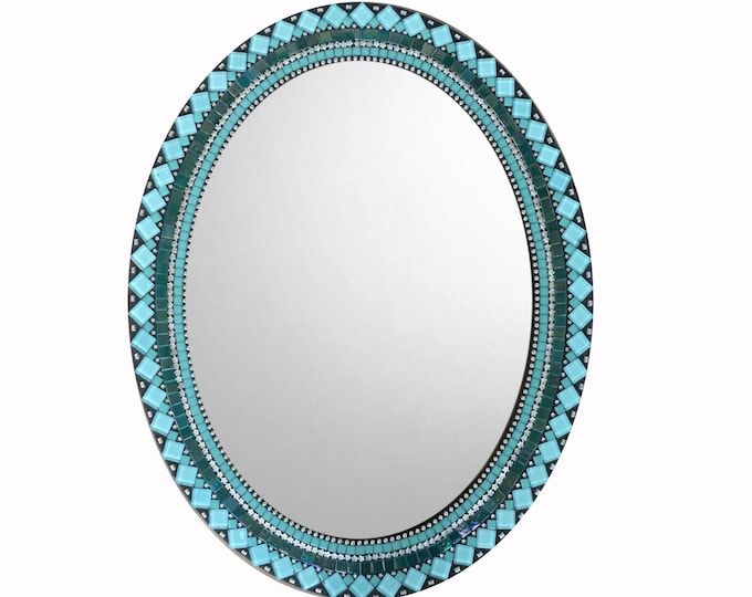 Mosaic Mirror Large Wall Mirror Oval Mirror Teal Silver Etsy