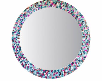 Colorful Round Wall Mirror - Pink, Gray, Aqua, Teal Mosaic