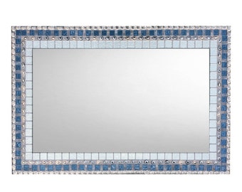 Mosaic Mirror, Bathroom Mirror, Large Wall Mirror, Silver and Blue