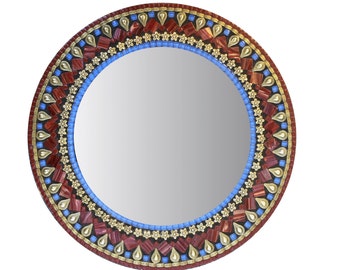 Round Wall Mirror, Mosaic Mirror, Gold Red Blue, Mixed Media Wall Art, Decorative Mirror