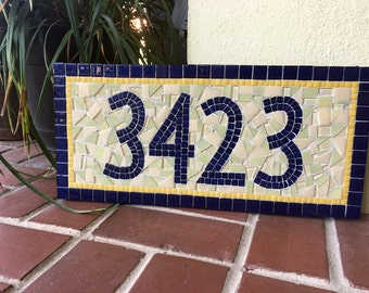 Mosaic Address Plaque, Outdoor House Number Sign, Blue Yellow Gold
