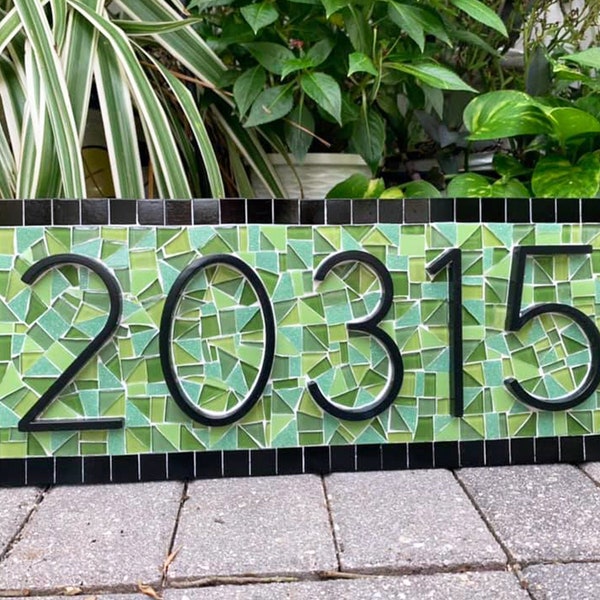 Address Sign, Green and Black, Unique House Numbers, Mosaic Address Sign