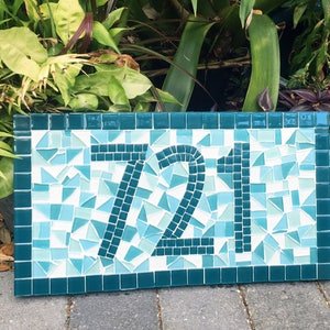 Mosaic Address Sign, Teal Turquoise Aqua, Beach House Address Plaque